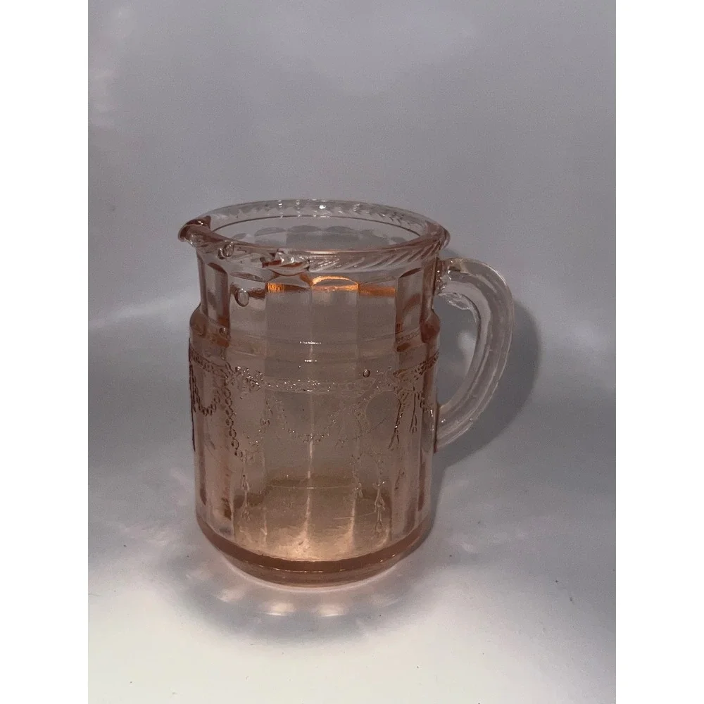 Vintage Pink Depression Glass Pitcher and 2 Glasses Set Etched Swag Tassel Motif